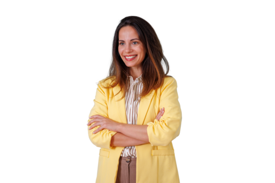 Professional businesswoman smiling and crossing arms, expressing confidence, success, and leadership on a transparent background - Powered by Adobe