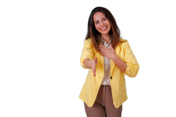 Professional woman extending hand for handshake on transparent background, symbolizing welcome, agreement, and greeting