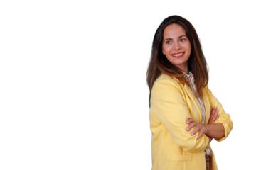 Young businesswoman smiling, arms crossed, showing confidence and professionalism on transparent background