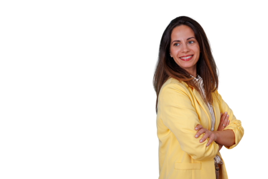 Young businesswoman smiling, arms crossed, showing confidence and professionalism on transparent background