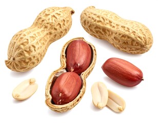 Whole and shelled peanuts are displayed on a white background.