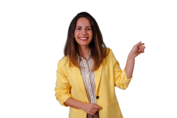 Professional businesswoman smiling, pointing to the side, wearing yellow blazer, presenting information, transparent background