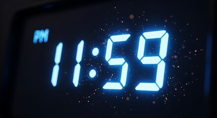 Digital clock displaying 11 -59 PM, glowing blue numbers in the dark, close-up view.