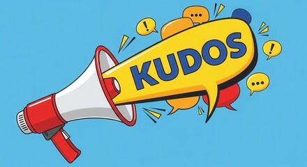 Colorful megaphone with 'Kudos' speech bubble.