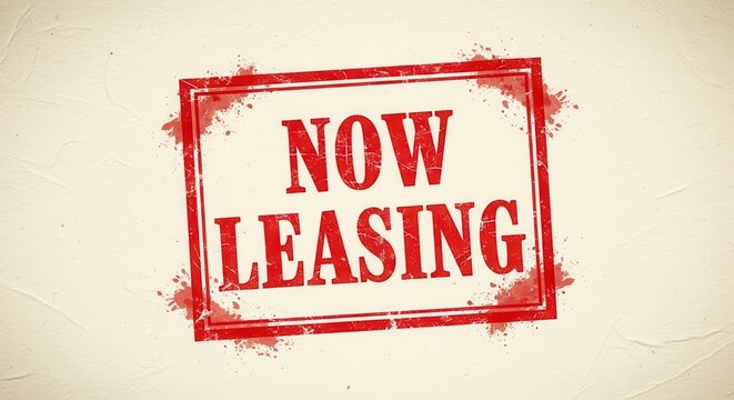 Bold 'Now Leasing' sign in red on white textured background.
