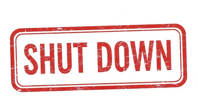 Grunge-style 'Shut Down' sign in bold red letters.