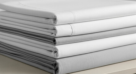 Stack of Freshly Folded White and Gray Bed Linens
A clean and minimalist close-up of a neatly folded stack of fresh bed linens, composed of alternating shades of white and light gray