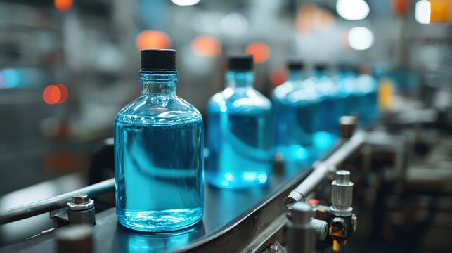 Series of clear glass bottles filled with bright blue liquid move along an automated production line
