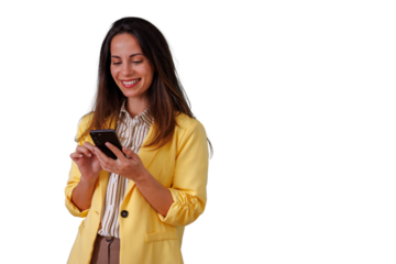 Woman smiling and texting on smartphone, communicating and networking online, transparent background