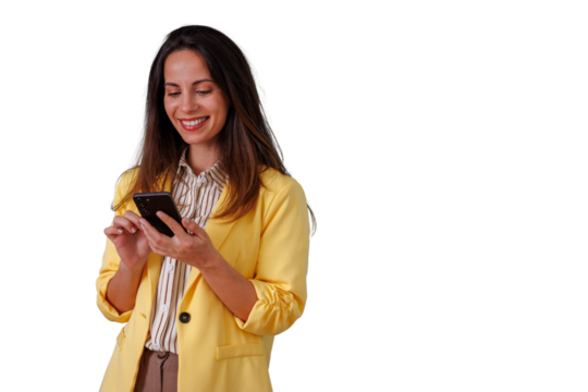 Woman smiling and texting on smartphone, communicating and networking online, transparent background