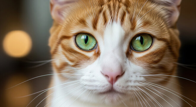 Intense Close-Up of an Orange Tabby Cat with Green Eyes
An extremely tight, detailed close-up portrait of a gorgeous orange and white tabby cat staring directly into the camera