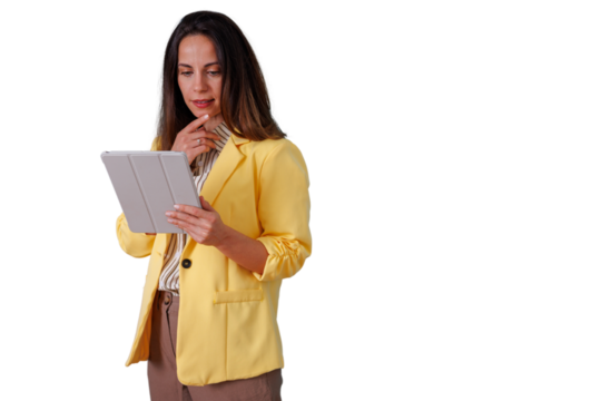 Businesswoman thinking, analyzing data on tablet, strategizing, planning, and making decisions with digital technology