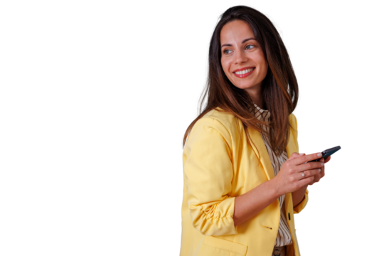 Woman smiling and texting on smartphone, enjoying mobile communication and remote work with transparent background
