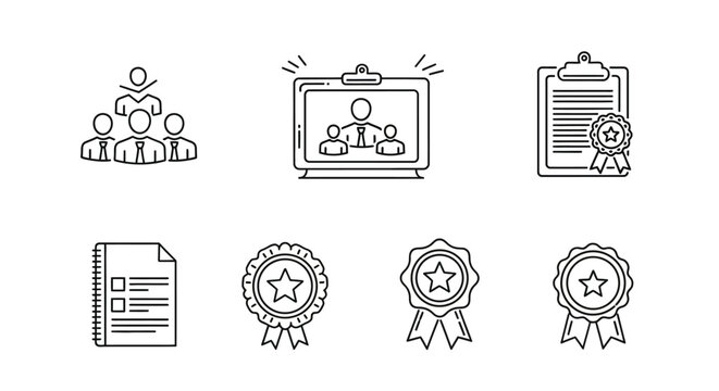 Set of line icons: online meeting certification teamwork awards