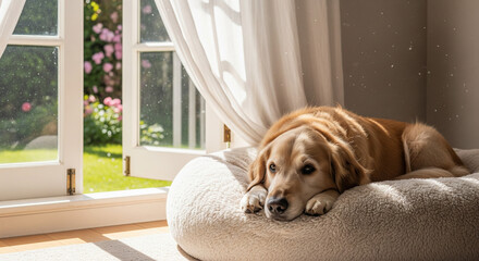 Golden Retriever Resting by Window on a Sunny Day
A tranquil, idyllic image of a beautiful Golden Retriever dog lying peacefully on a soft, white cushioned dog bed positioned indoors near a large
