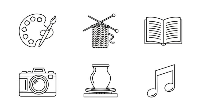 Creative hobbies icons set: art knitting reading photography potte