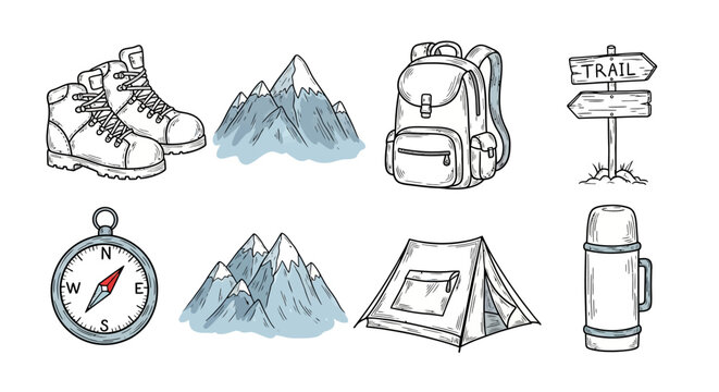 Hand-drawn outdoor adventure gear with hiking elements in minimalist s
