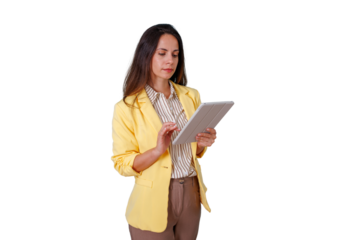 Professional businesswoman using digital tablet, managing tasks and accessing information, standing with transparent background