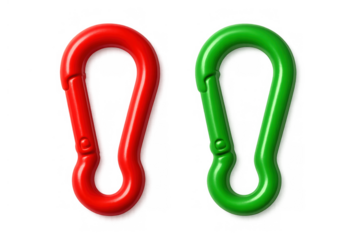 Red and green carabiners object isolated on transparent background, safety clip for climbing, hiking, and outdoor activity