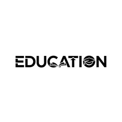 Black and white typography logo design for the word education with abstract elements like book and graduation cap