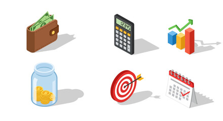 Isometric business icons: finance growth planning target wallet c