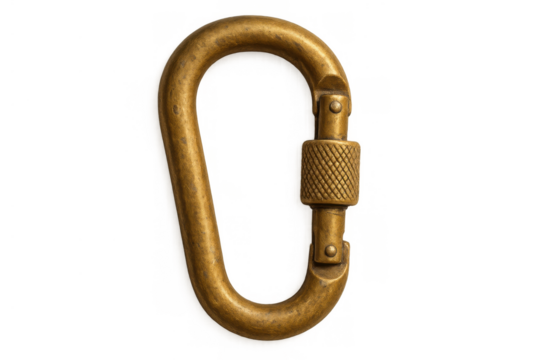 Metal carabiner hook with screw-gate mechanism displaying safety, climbing, and connection concepts on transparent background