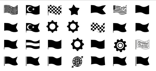Vector flag icons with solid and outline designs including checkered crescent star target gear globe and waving flag icons Great for banners and navigation