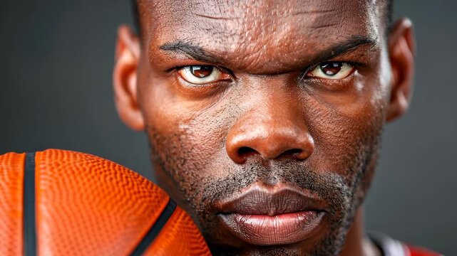 Focused Athlete: Intense gaze of determined basketball player holding the ball, embodying focus and concentration.