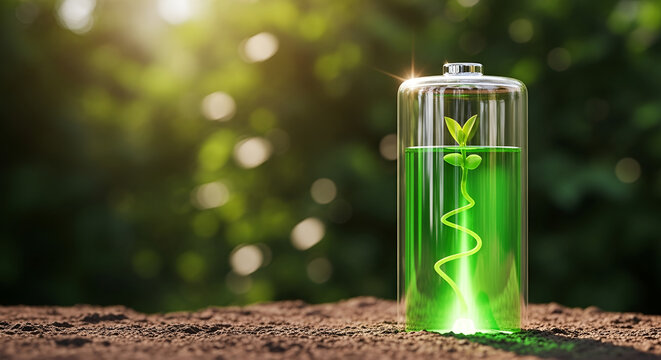 A transparent glass battery in soil containing a bright green spiral sprout, expressing innovation in clean energy storage and organic energy sources