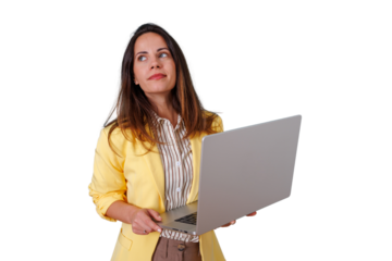 Businesswoman holding a laptop, looking up and thinking, generating new ideas and solutions. Transparent background