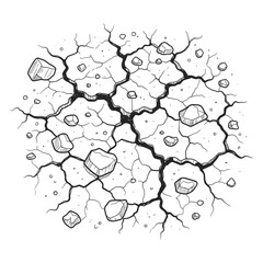 Hand drawn Outline Cracked Ground Surface with Rocks and Debris Illustration