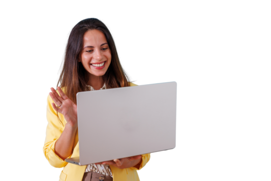 Young smiling woman holding laptop and waving hand, having a video call, online meeting, transparent background - Powered by Adobe