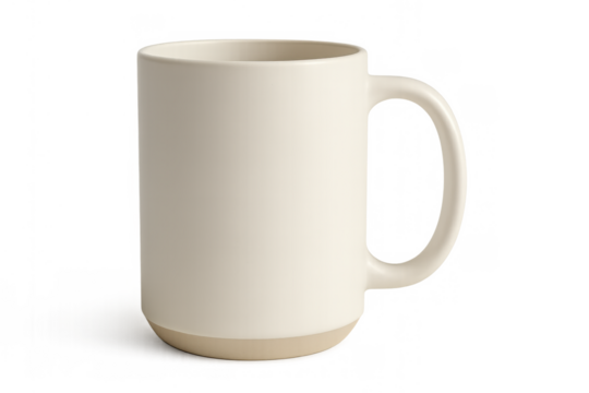 White ceramic coffee mug with handle on transparent background, drinkware for hot beverages and branding mockups