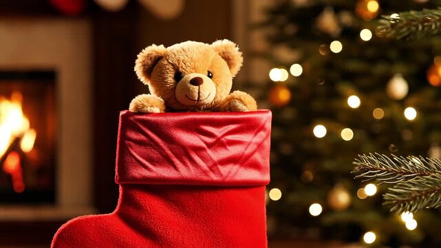 Cute fluffy brown teddy bear sitting inside a red christmas stocking near a fireplace and a decorated tree with lights