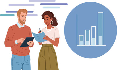 Diverse colleagues discussing data and strategy with graph background