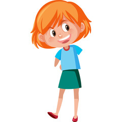 Happy Smiling Cartoon Girl With Orange Hair Wearing Blue Shirt and Green Skirt Standing Isolated On White Background
