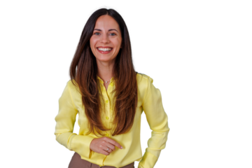 Woman smiling and laughing, expressing happiness and success, having fun in a positive mood, transparent background