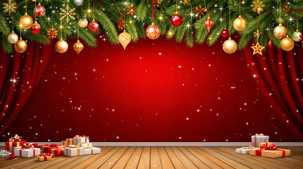 Festive red Christmas background with golden ornaments, pine branches, falling snow, and gifts on a wooden stage