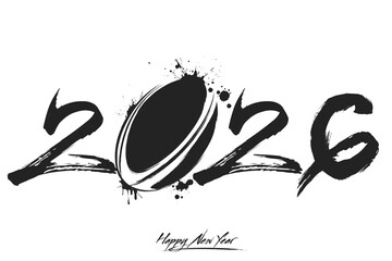 Naklejka premium Numbers 2026 and a abstract rugby ball made of blots in grunge style. Design text logo Happy New Year 2026. Template for greeting card, banner, poster. Vector illustration on isolated background