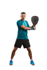 Padel player isolated on white background. Full body view. Open social tour template. Paddle tennis template for social media design with copy space.