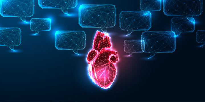 Futuristic digital heart and speech bubbles representing AI cardiology and emotional communication