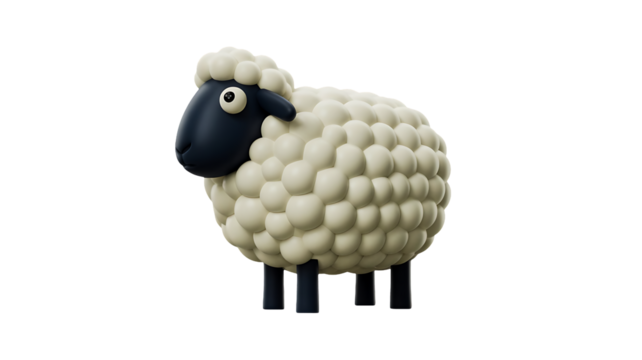 Cute 3d rendered cartoon sheep character with black face and legs standing isolated on transparent background for farm or animal concept design