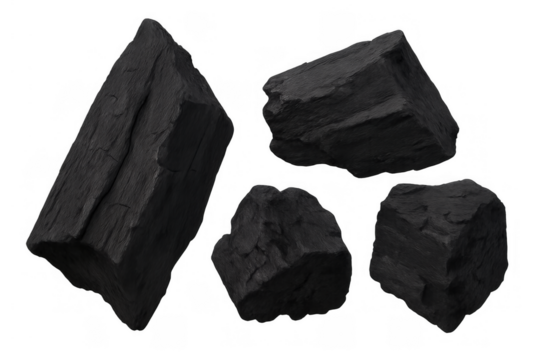 Burnt wood charcoal pieces for grilling and heating, showing natural carbon fuel texture on transparent background