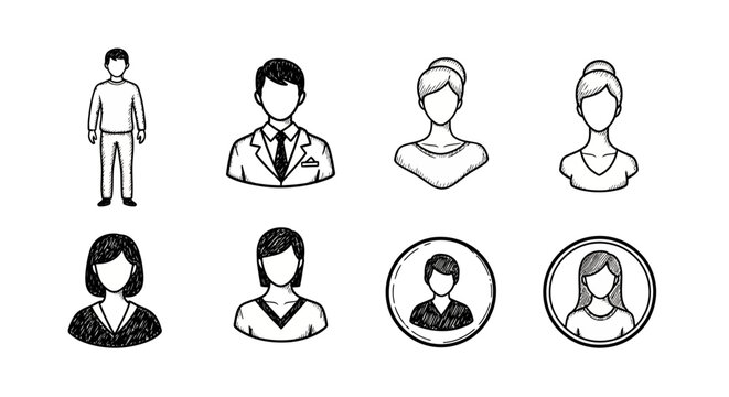 Simple black and white hand-drawn avatar icons for diverse business profiles