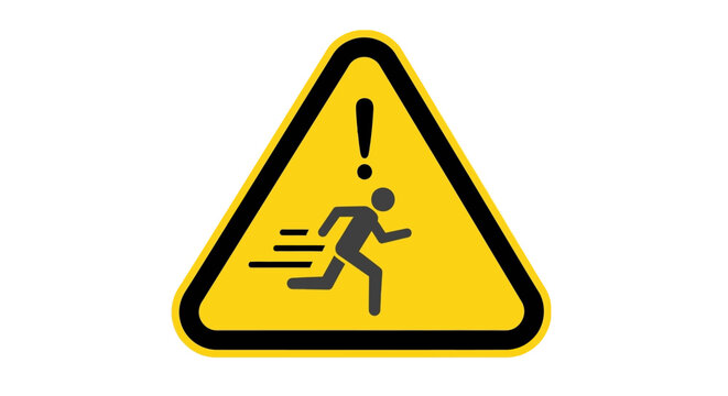 Caution sign with running figure and exclamation mark in yellow triangle