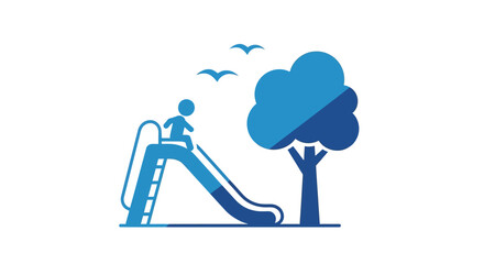 Playground fun with slide and tree silhouette in blue tones