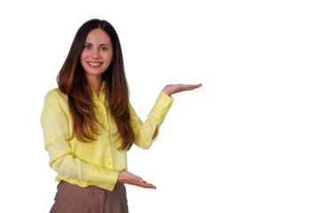Smiling businesswoman presenting copy space with open hands, woman standing cutout on transparent background