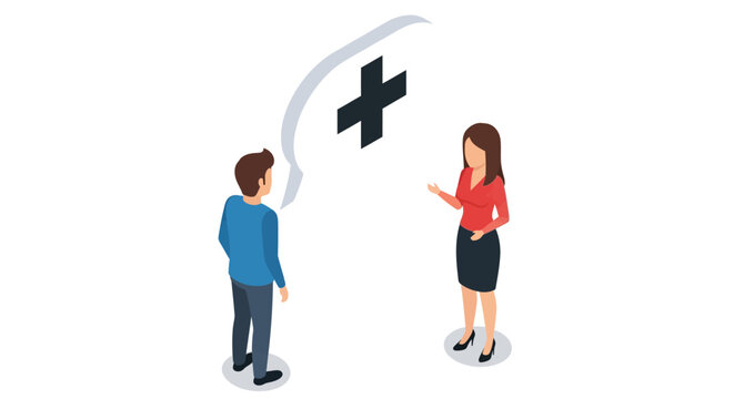Two people discussing healthcare ideas with speech bubble in isometric style