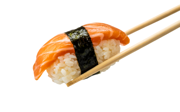 A single piece of fresh salmon nigiri sushi being held delicately by a pair of wooden chopsticks against a pure transparent background, isolated on transparent background