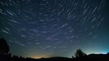 Time-lapse of stars moving across the night sky with glowing fireflies in foreground, creating a magical, ethereal scene of cosmic motion, celestial beauty, and tranquil nighttime atmosphere